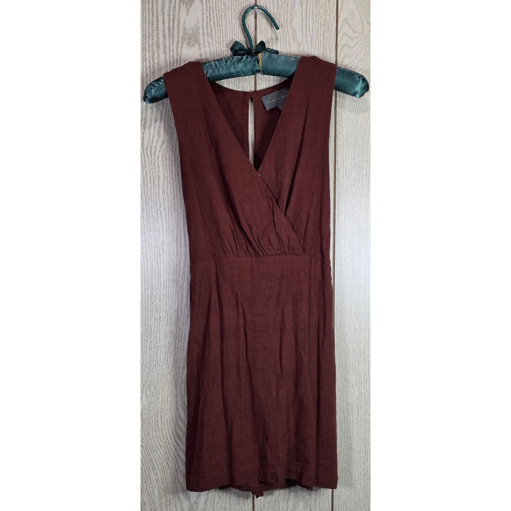ANTHROPOLOGIE Sunday in Brooklyn Burgundy Cotton Linen Romper Size S Tie Waist